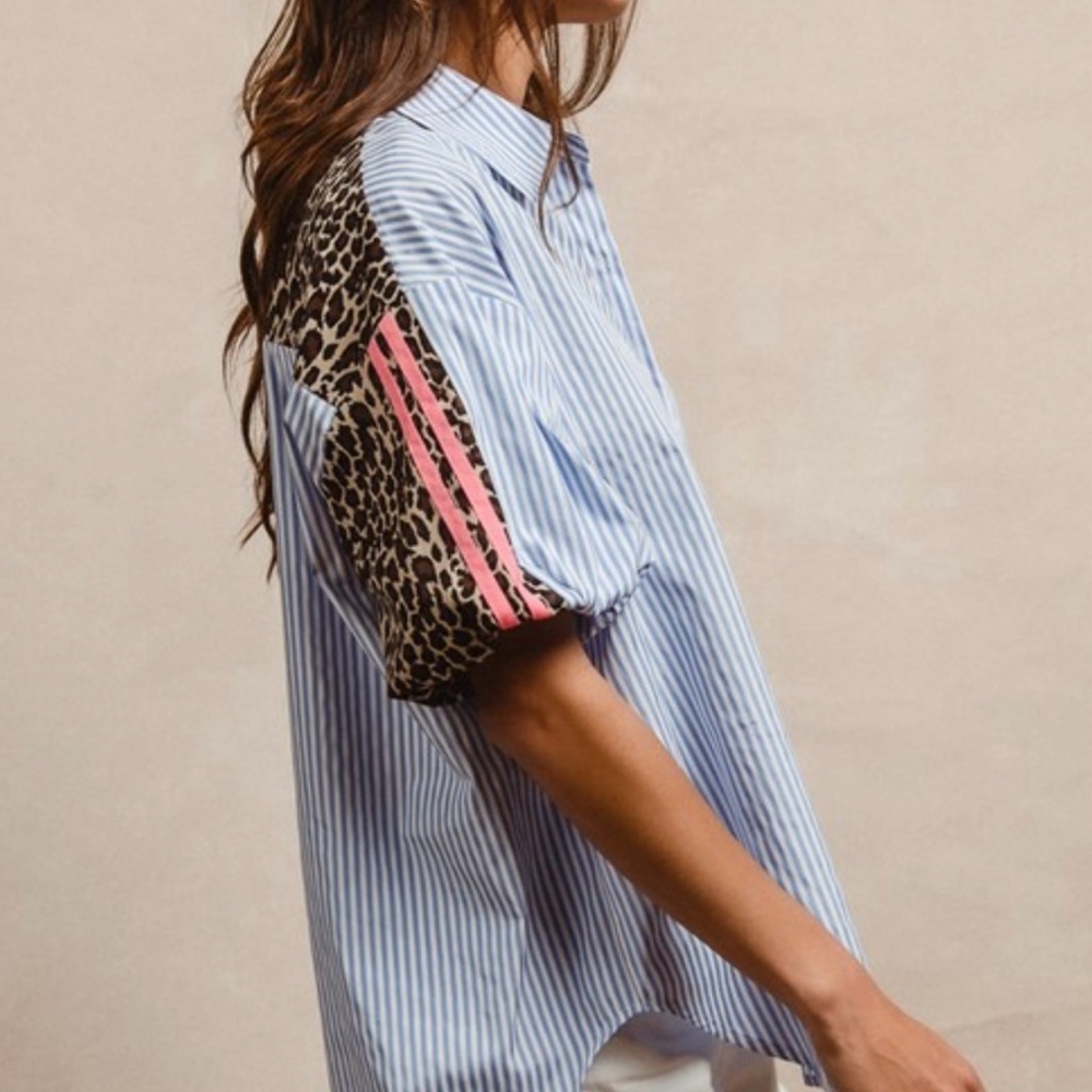 Striped Leopard Print Button Down Top - image 2